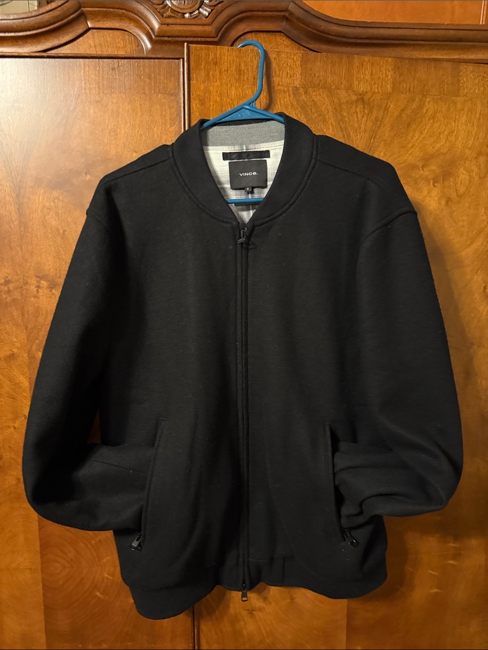 Vince Men’s Italian Wool Zip Front Bomber Jacket Black Plaid Size M